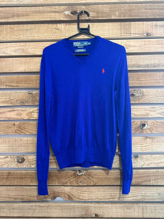 Vintage 90s Ralph Lauren V Neck jumper/ sweater. Blue. Wool. Size medium.
