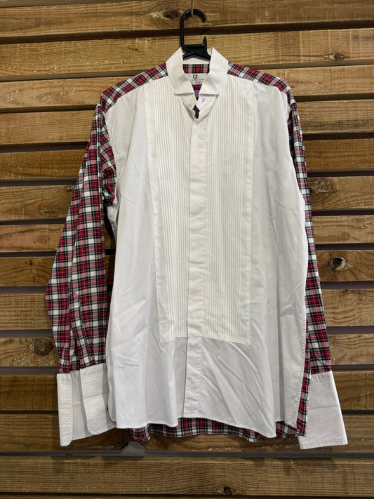 Frederick Theak white and tartan Dress Shirt - French Cuffs, Size 16 collar. Size XL. Black tie.