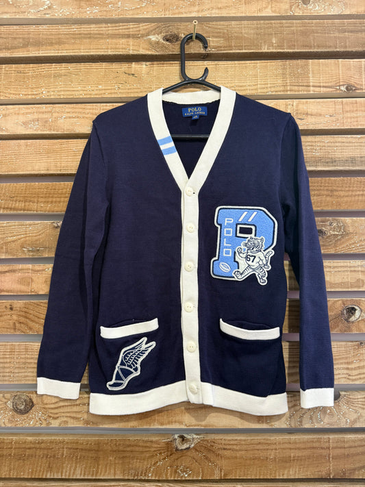 Vintage 90s Ralph Lauren Varsity knitted cardigan. Blue. Size Large.