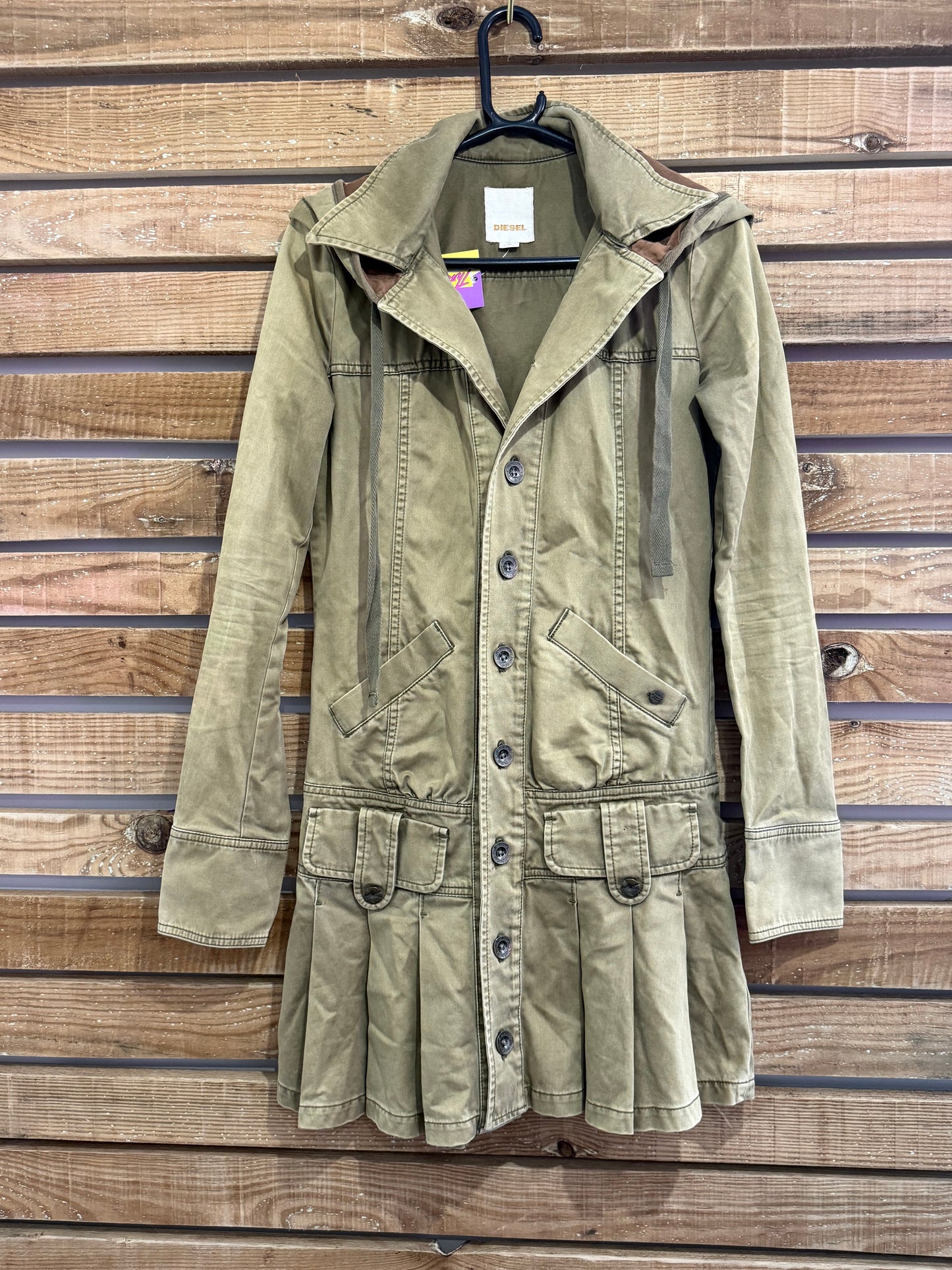 Vintage Y2K Diesel archive hybrid dress jacket. Pleated skirt, hooded. Khaki. Size Small.