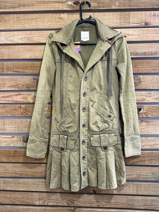 Vintage Y2K Diesel archive hybrid dress jacket. Pleated skirt, hooded. Khaki. Size Small.