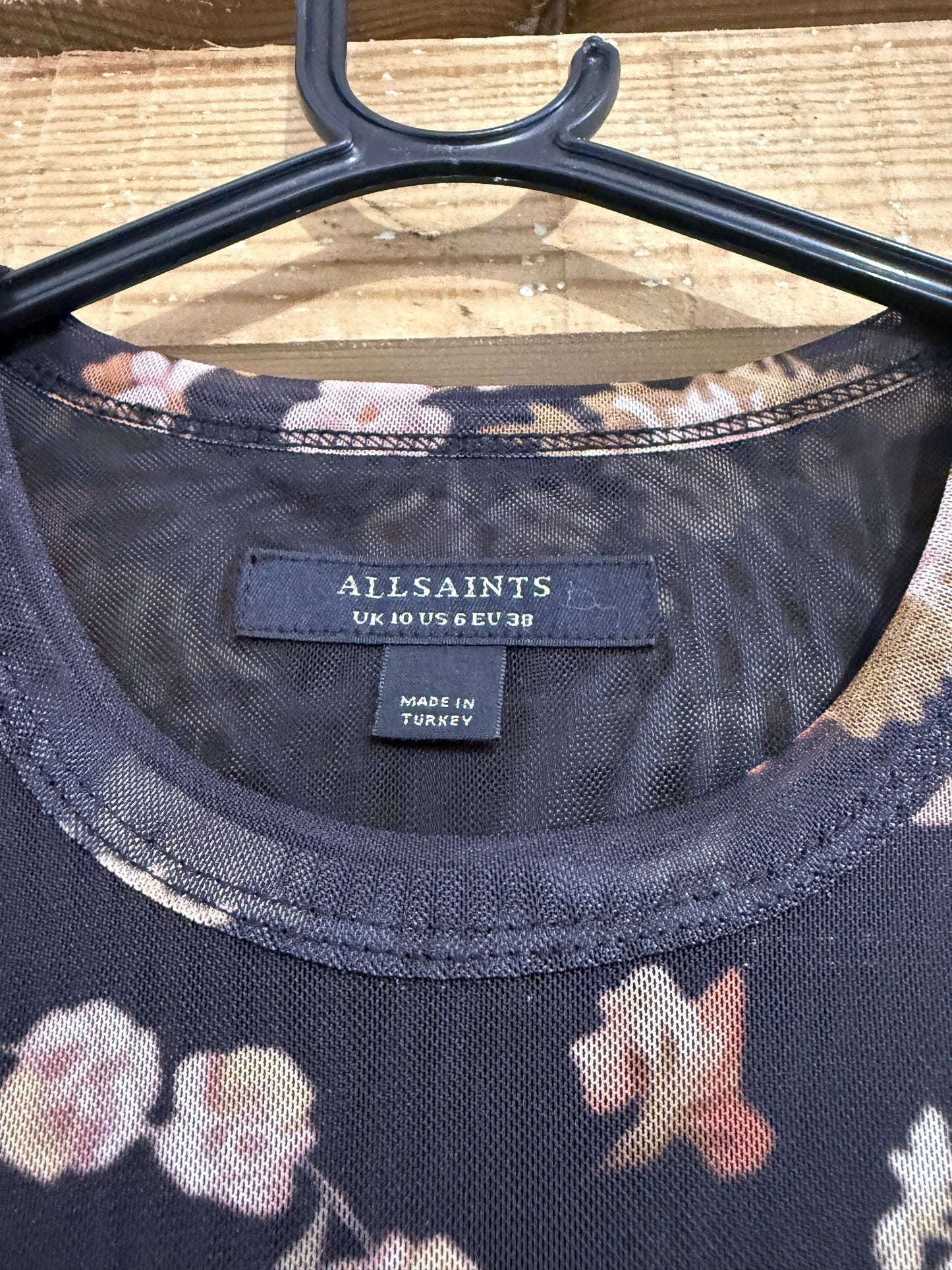 AllSaints Pink Ellie Black Floral Print Mesh T-Shirt. Size UK10.