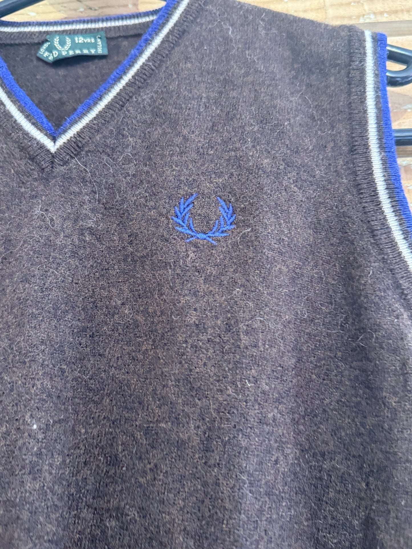 Vintage 90s Fred Perry knitted vest jumper/ sweater. Brown. Size Small. Golf.