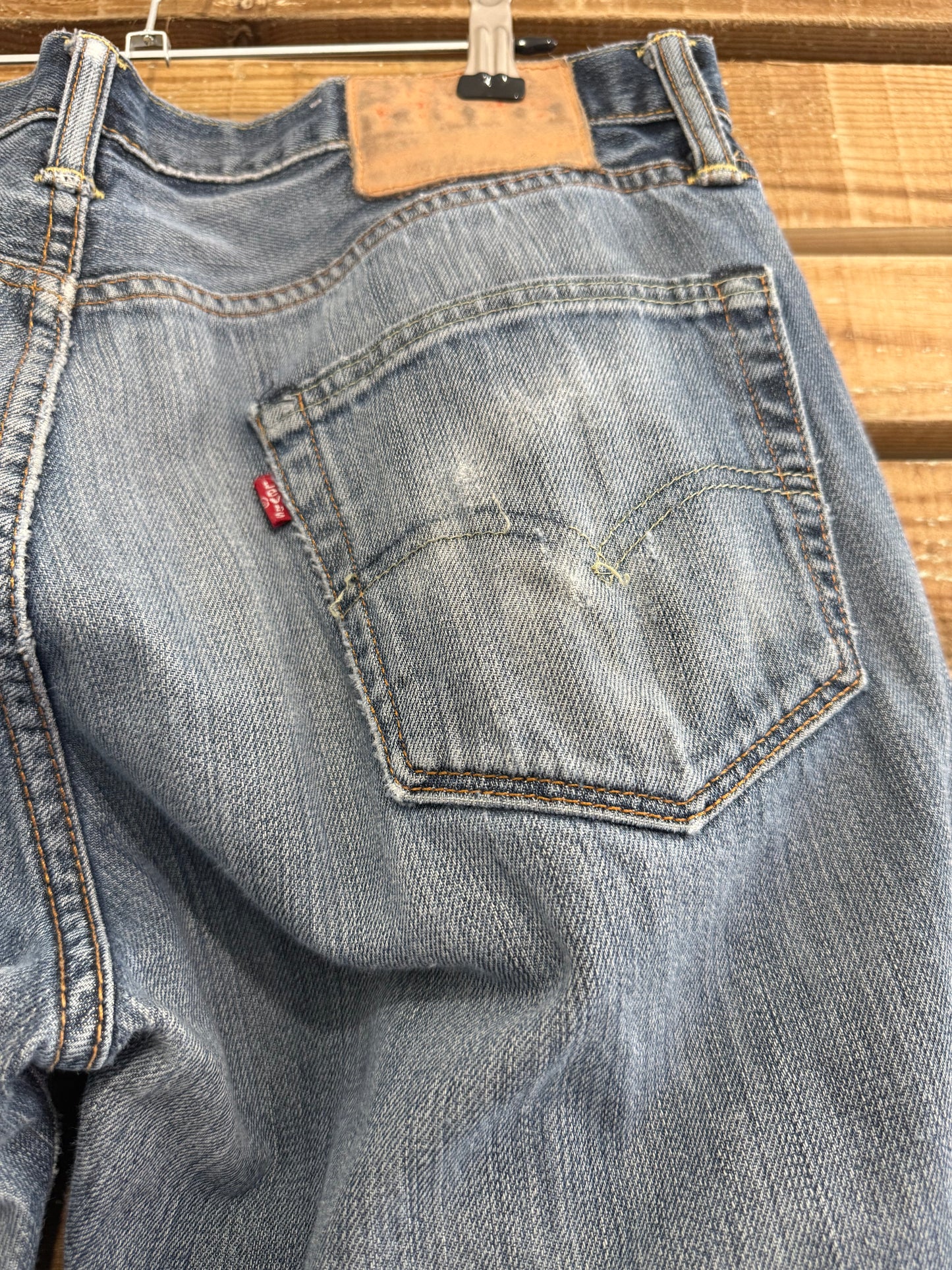 Vintage 90s Levi’s Dark Blue distressed stonewash jeans. Waist 34” leg 32”
