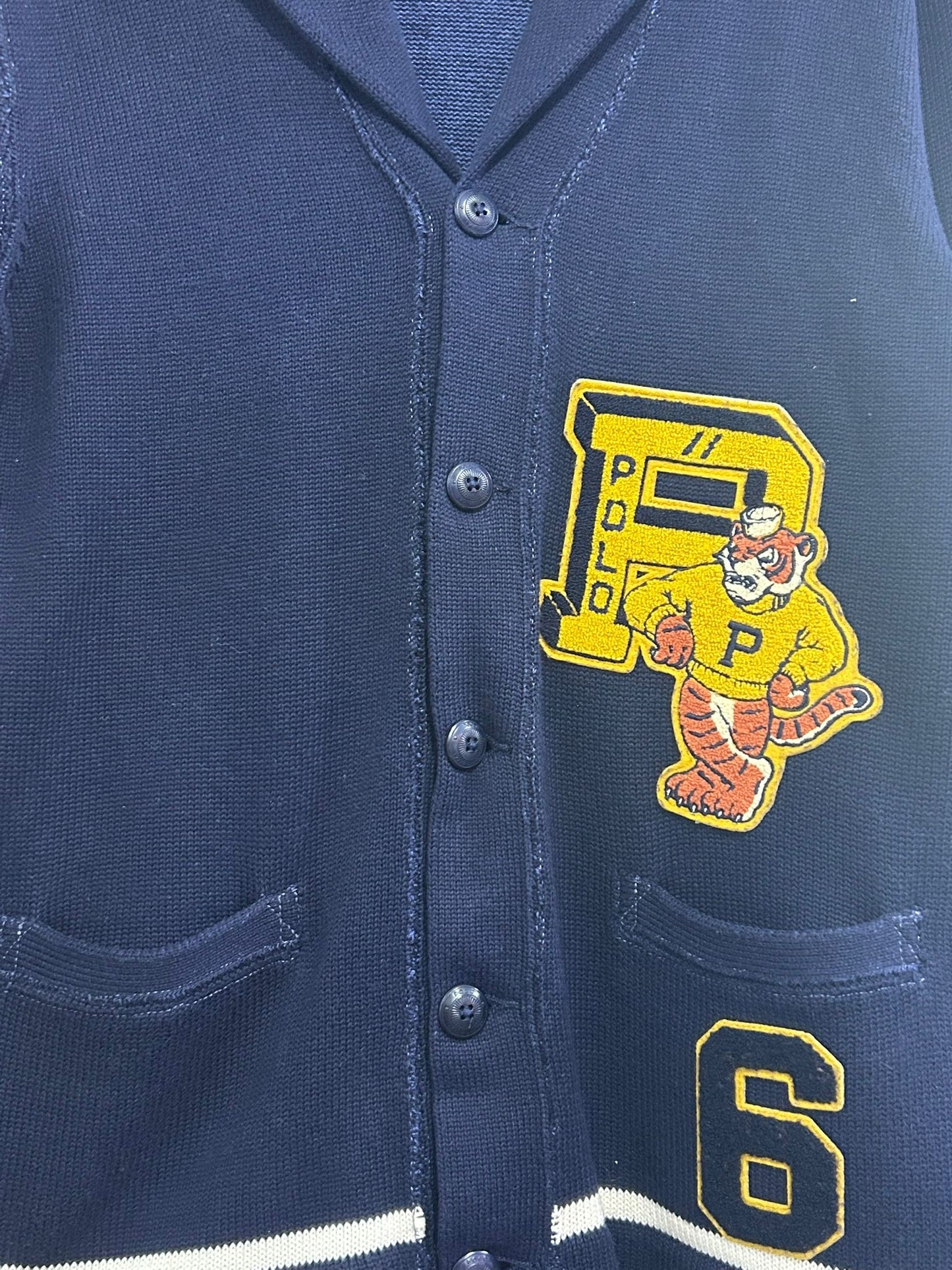 Vintage 90s Ralph Lauren Varsity knitted cardigan. Blue. Size Small.