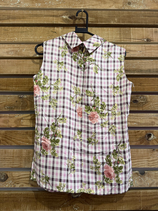 Vintage 80s Aquascutum button up floral gingham check silk top. Summer. Size 10