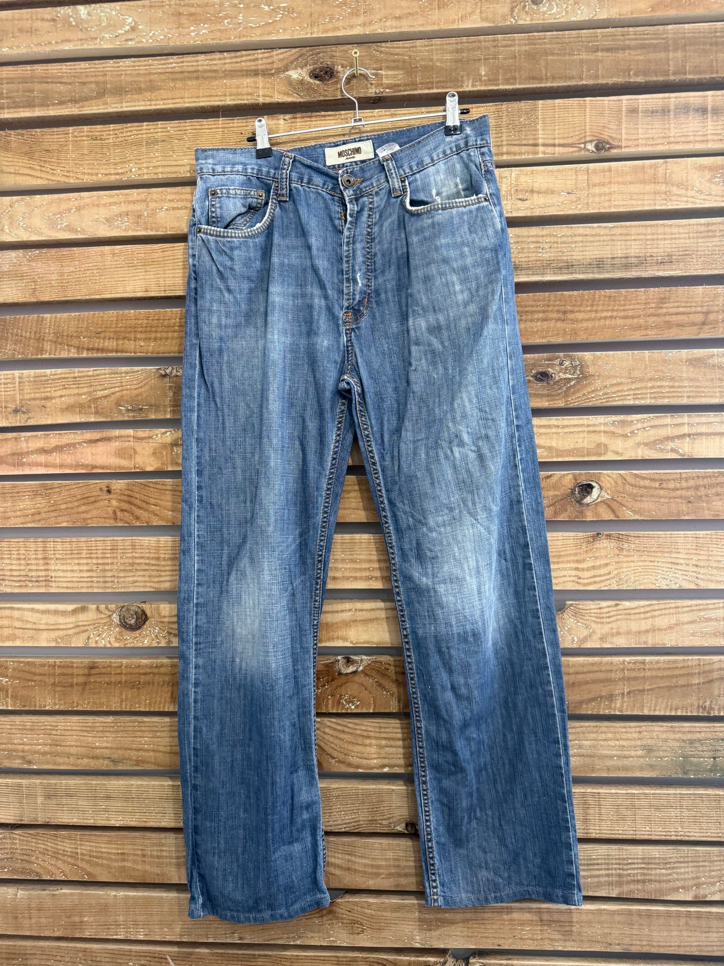 Vintage 90s Moschino Blue - Peace sign jeans. Waist 34” leg 30”