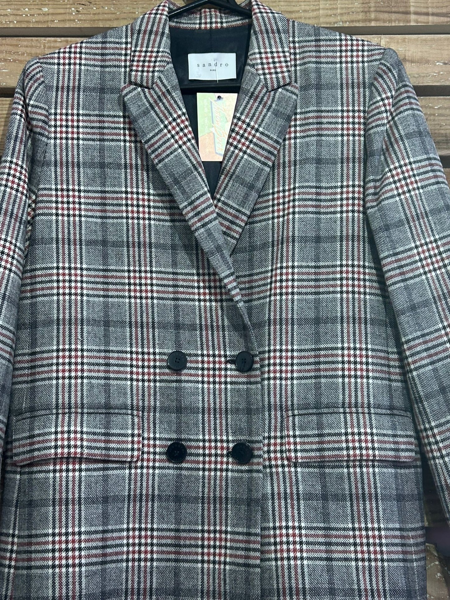 Sandro plaid checked wool double breasted blazer jacket. Size 40