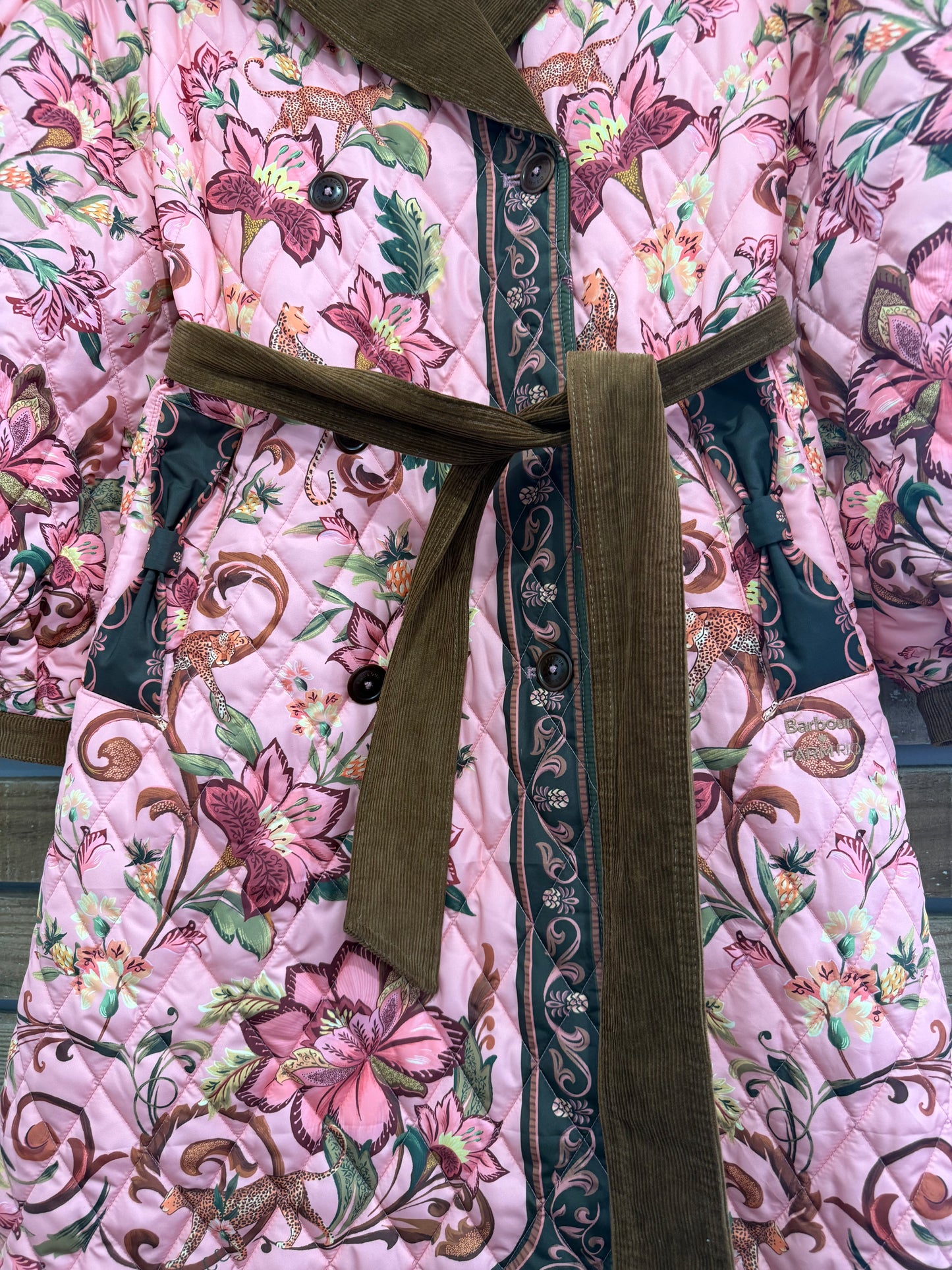 BNWT Barbour x Farm Rio Cami Quilted Jacket. Pink patchwork. Size XS.