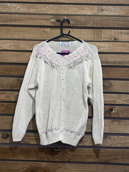 Vintage 90s floral Embroidered knit cardigan. Cottage core. Size small.
