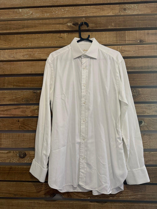 Vintage 90s Brioni White Herringbone Dress Shirt - Made in Italy, French Cuffs, Luxury Menswear. Size Large.