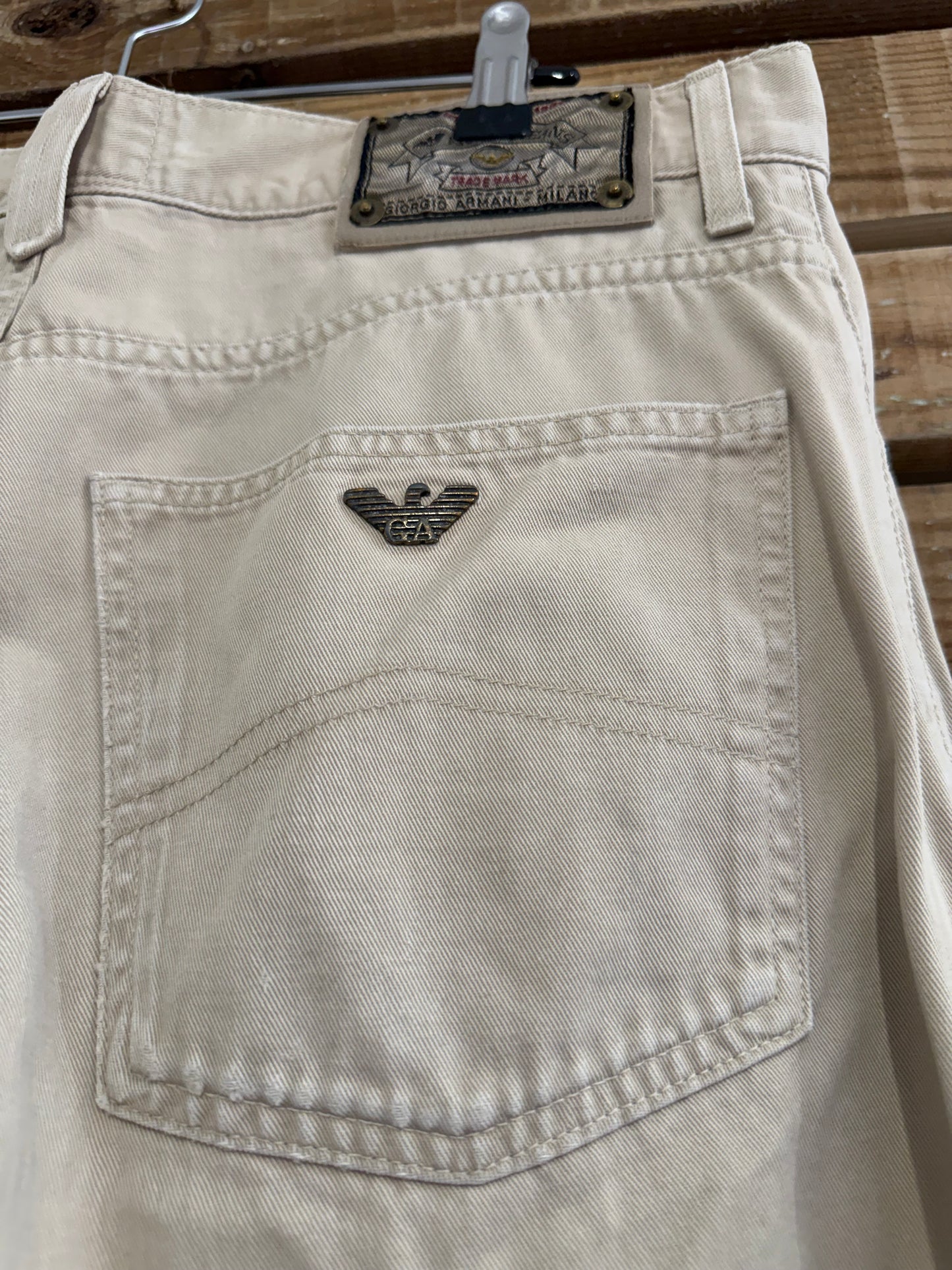 Vintage 90s Armani beige pants/ trousers. Jean style. 32” waist, 33” leg.