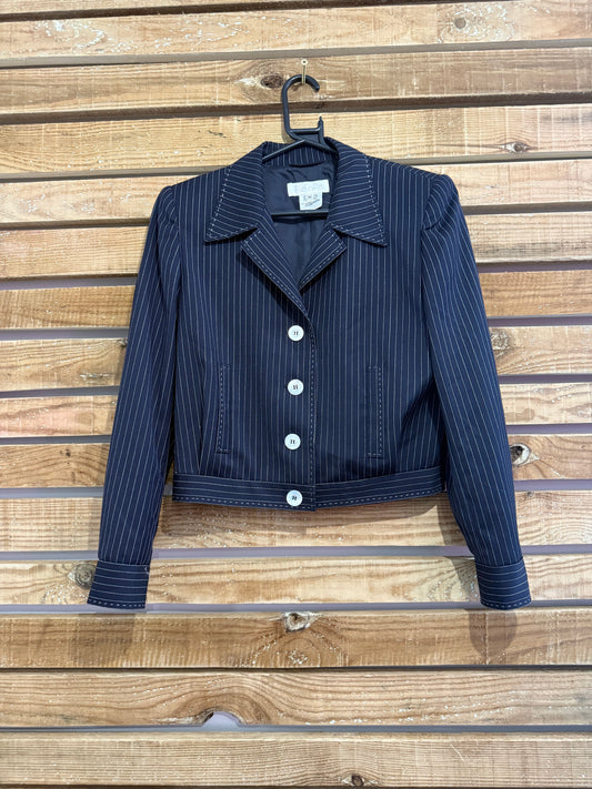 Vintage 80s Escada blue pinstripe button up jacket. Size 38. Up to a UK14.