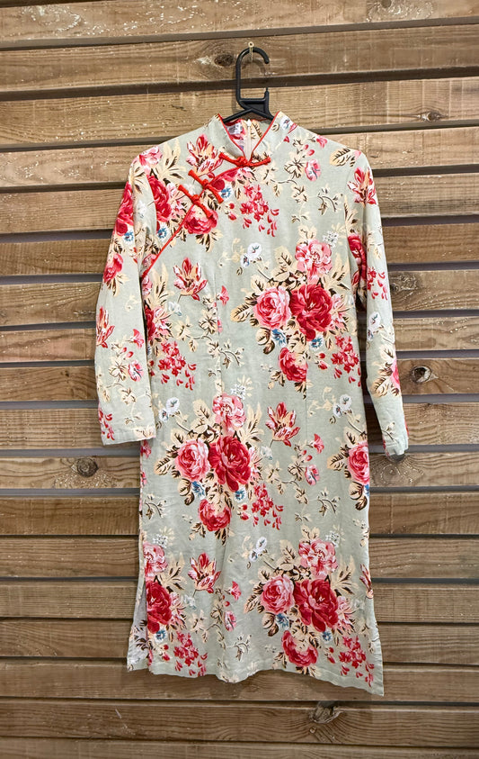 Vintage Y2K floral linen chinese cheongsam dress. Size 10-12