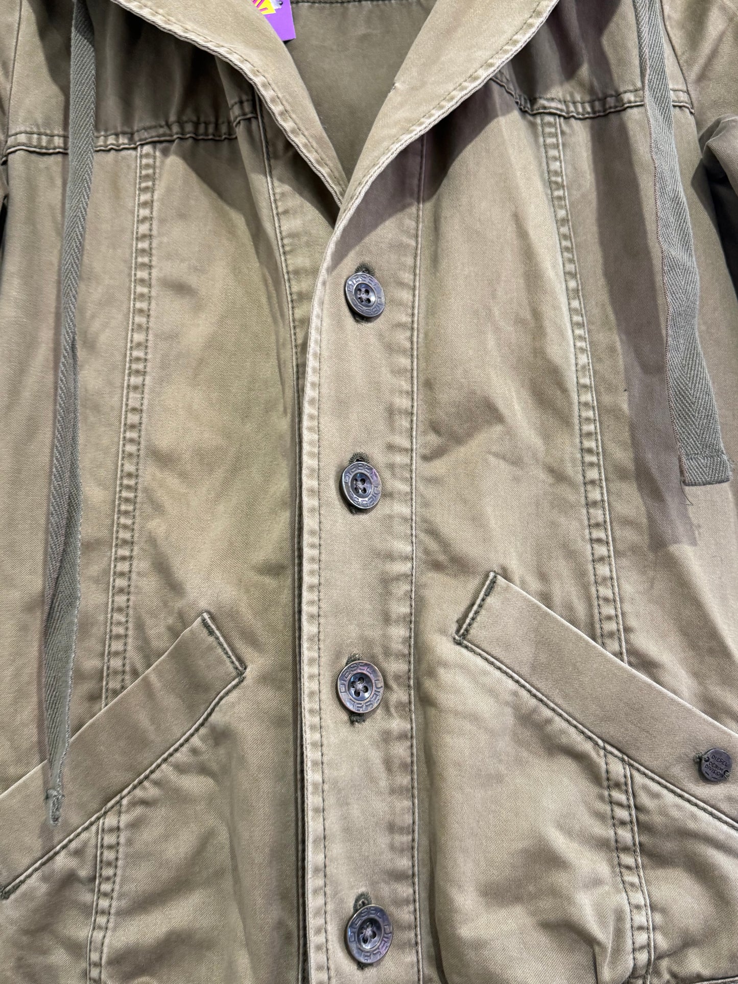 Vintage Y2K Diesel archive hybrid dress jacket. Pleated skirt, hooded. Khaki. Size Small.