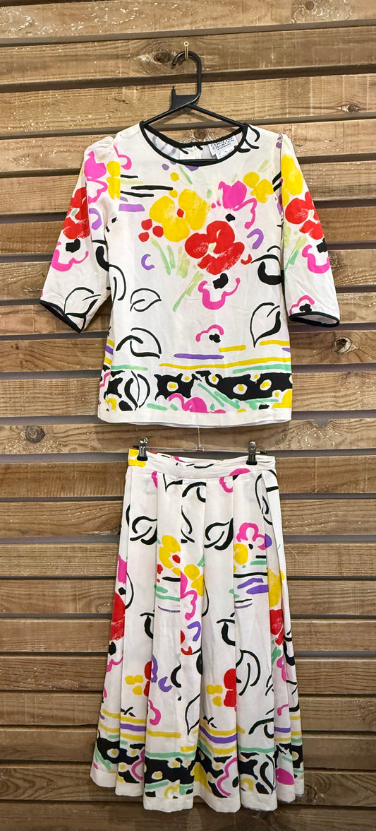 Vintage RARE 80s Caroline Charles silk 2 piece suit. Skirt & Top. Abstract Floral. Summer.