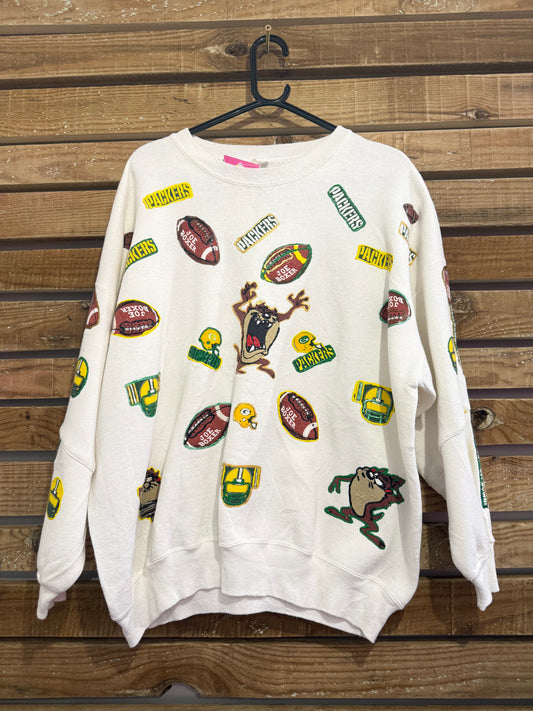 Vintage 90s NFL Packers/ Taz Tasmanian Devil/ Looney Tunes sweater/sweatshirt. White. Size XXL.