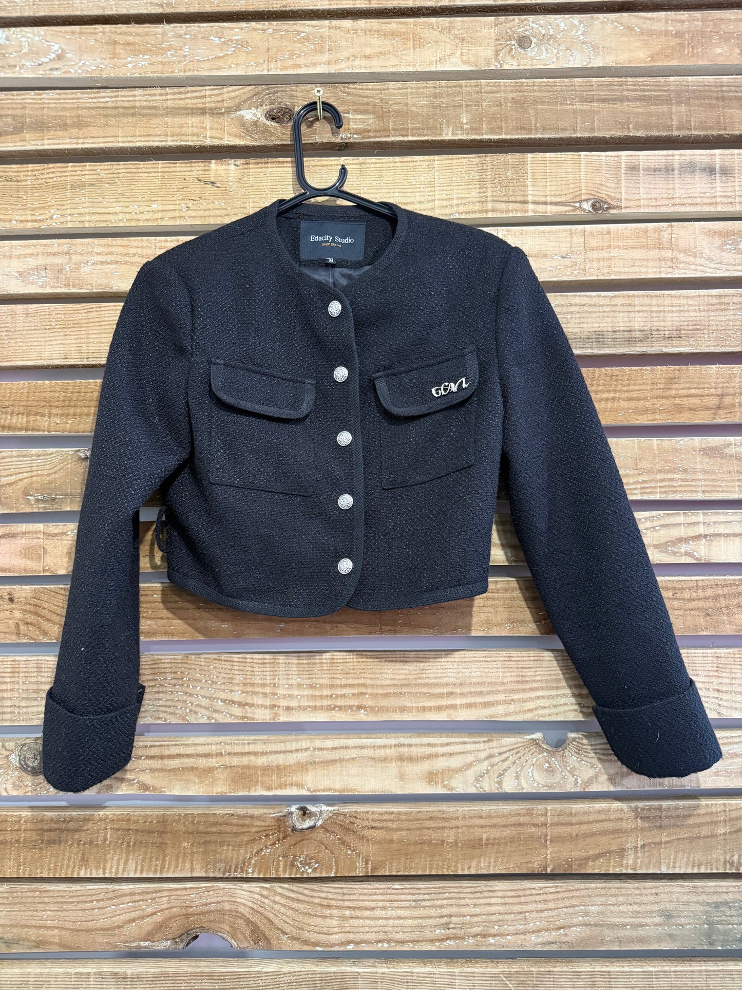 Chanel style tweed cropped jacket & silver buttons. Size UK8-10