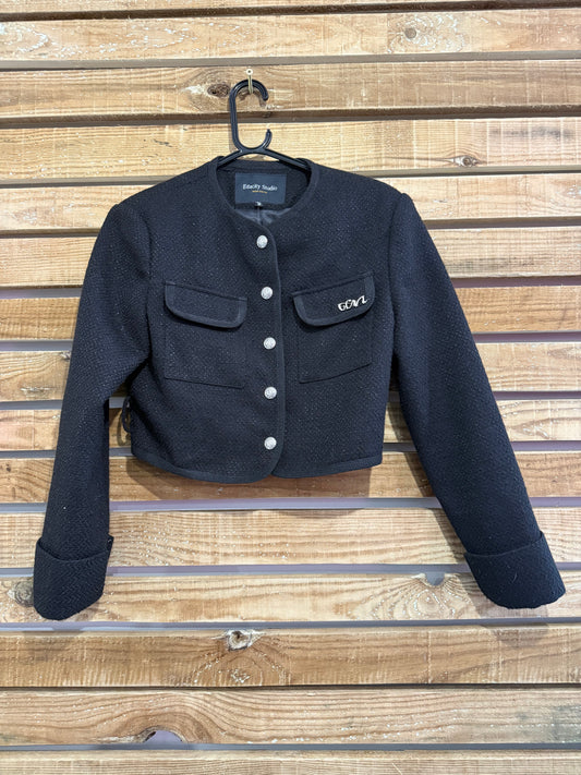 Chanel style tweed cropped jacket & silver buttons. Size UK8-10
