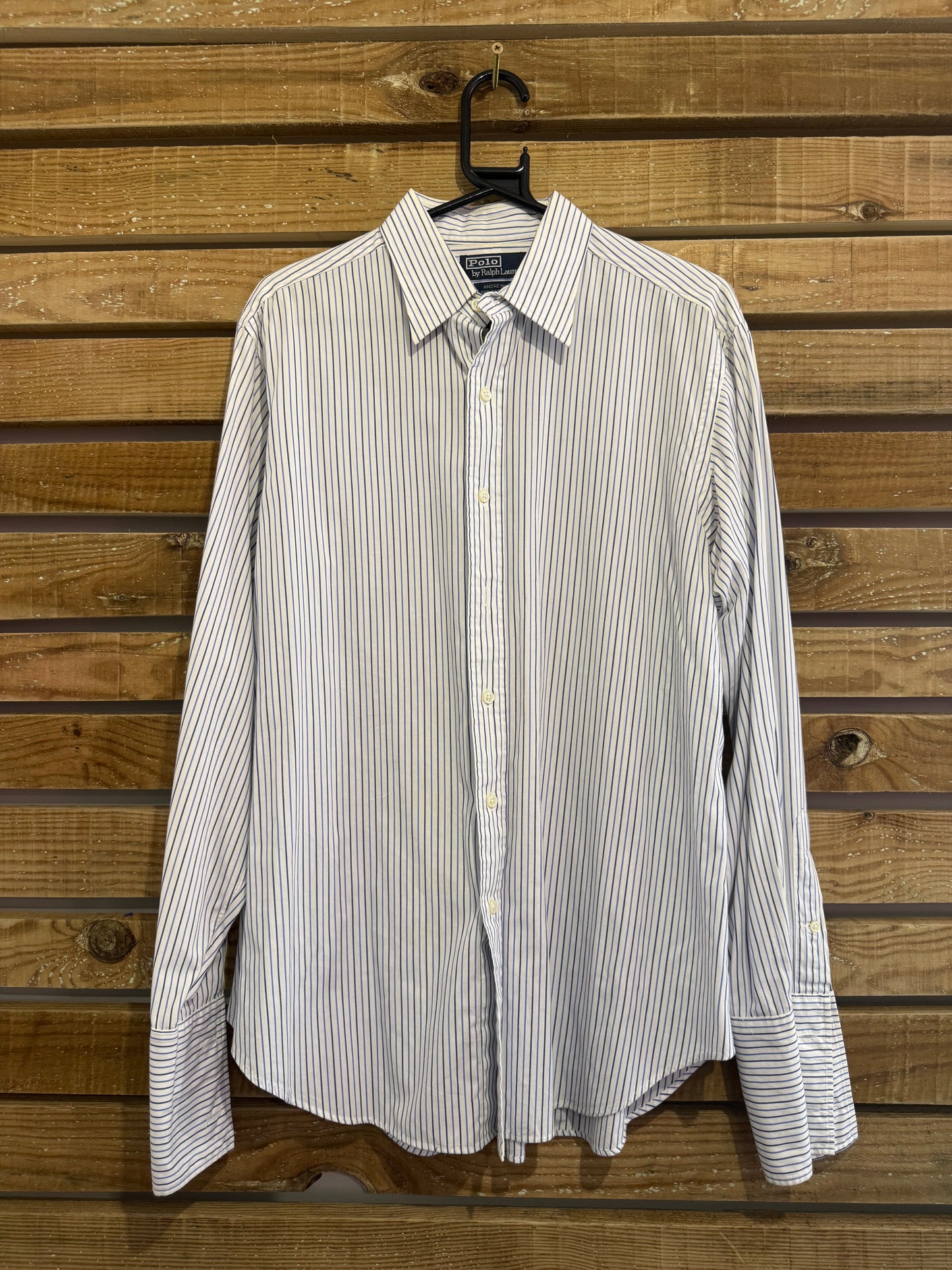 Vintage 90s Ralph Lauren Dress Shirt - French Cuffs, 16” Collar, 50” chest. Size XL. Blue stripe.