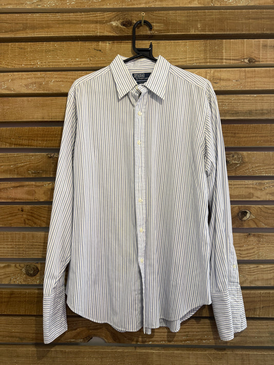 Vintage 90s Ralph Lauren Dress Shirt - French Cuffs, 16” Collar, 50” chest. Size XL. Blue stripe.