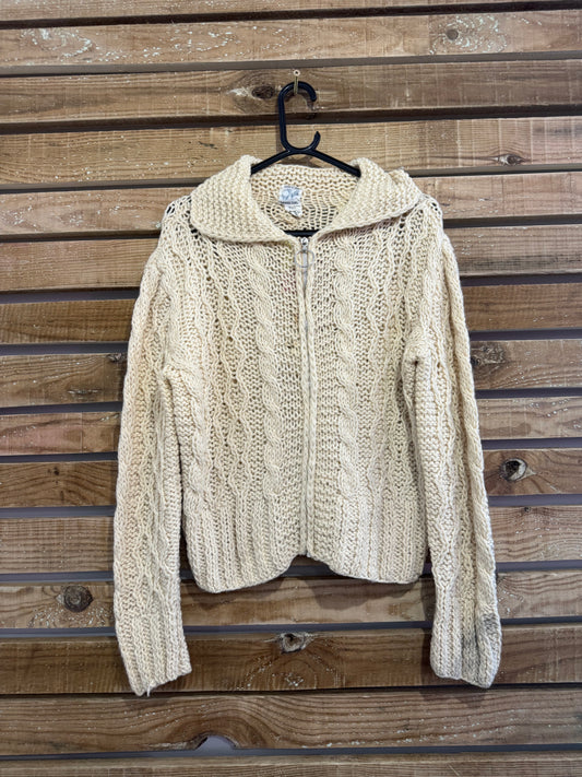 Vintage 50s zip up aran cable Knit Jumper/ cardigan. Collared. Rockabilly. Size Large.