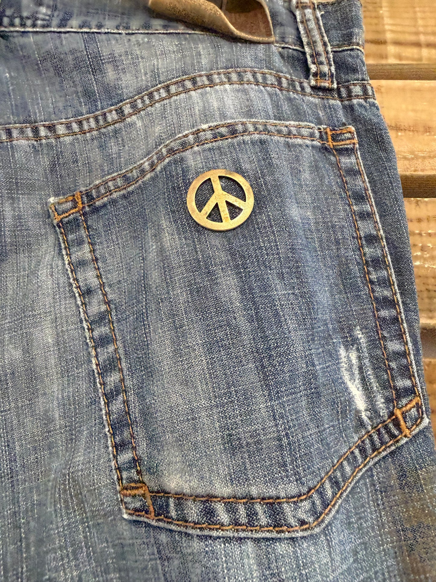 Vintage 90s Moschino Blue - Peace sign jeans. Waist 34” leg 30”