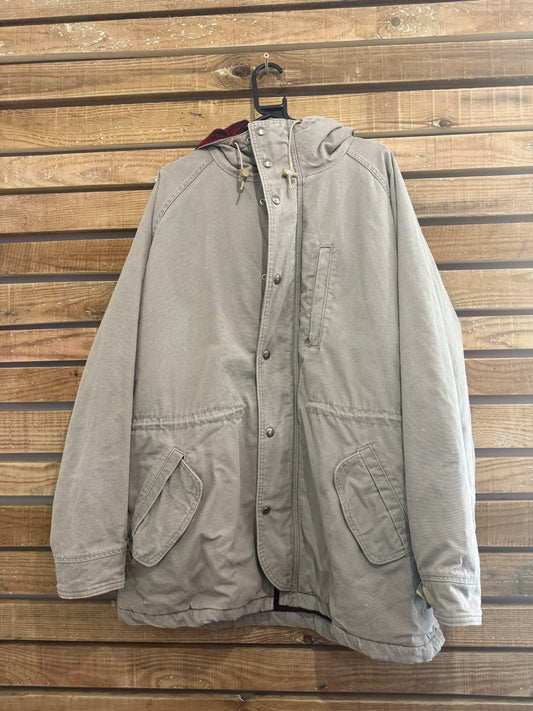 Vintage 90s Woolrich Barn Coat Utility USA Made Tan Beige Wool Plaid Lined. Size Large.