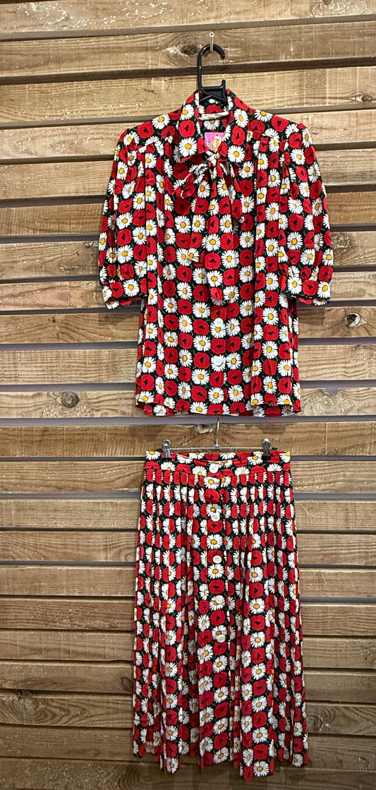 Vintage RARE 80s Yves Saint Laurent (YSL) 2 piece suit. Skirt & pussy bow blouse/ shirt. Floral. Summer.
