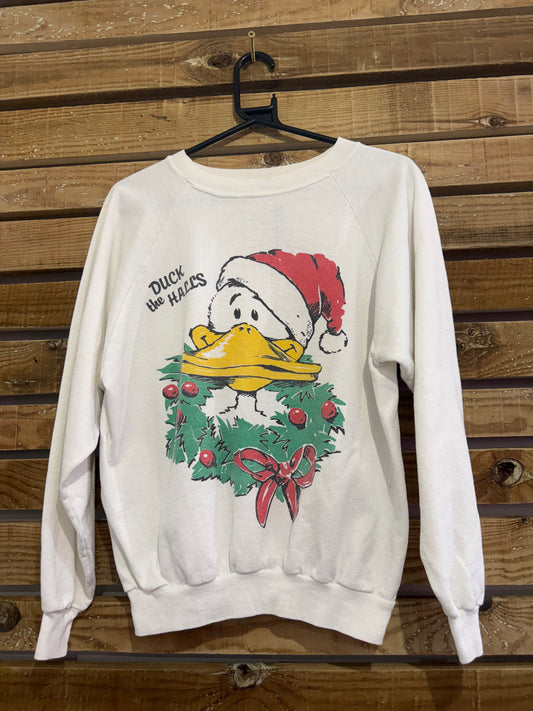 Vintage 80s Duck the Halls Christmas American USA white sweater/ sweatshirt. Size Medium.