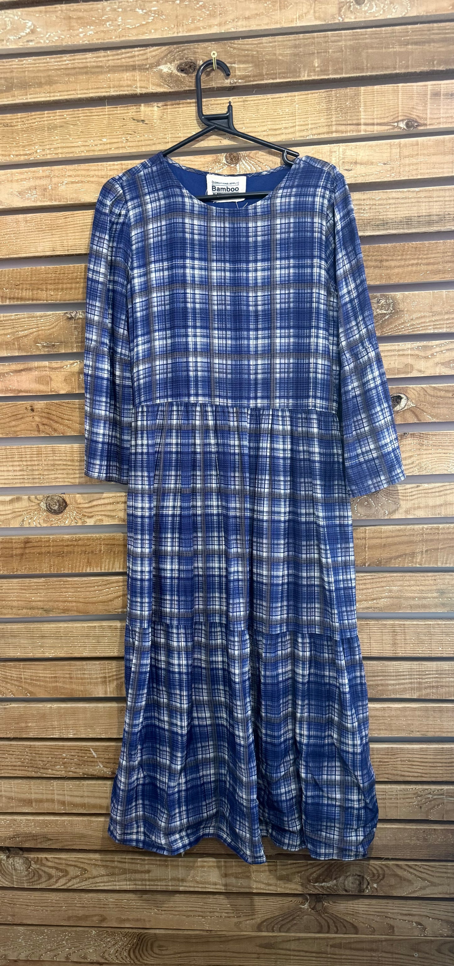 Anthropology Conditions Apply checked/ gingham tiered maxi dress. Bamboo. Summer. Medium.