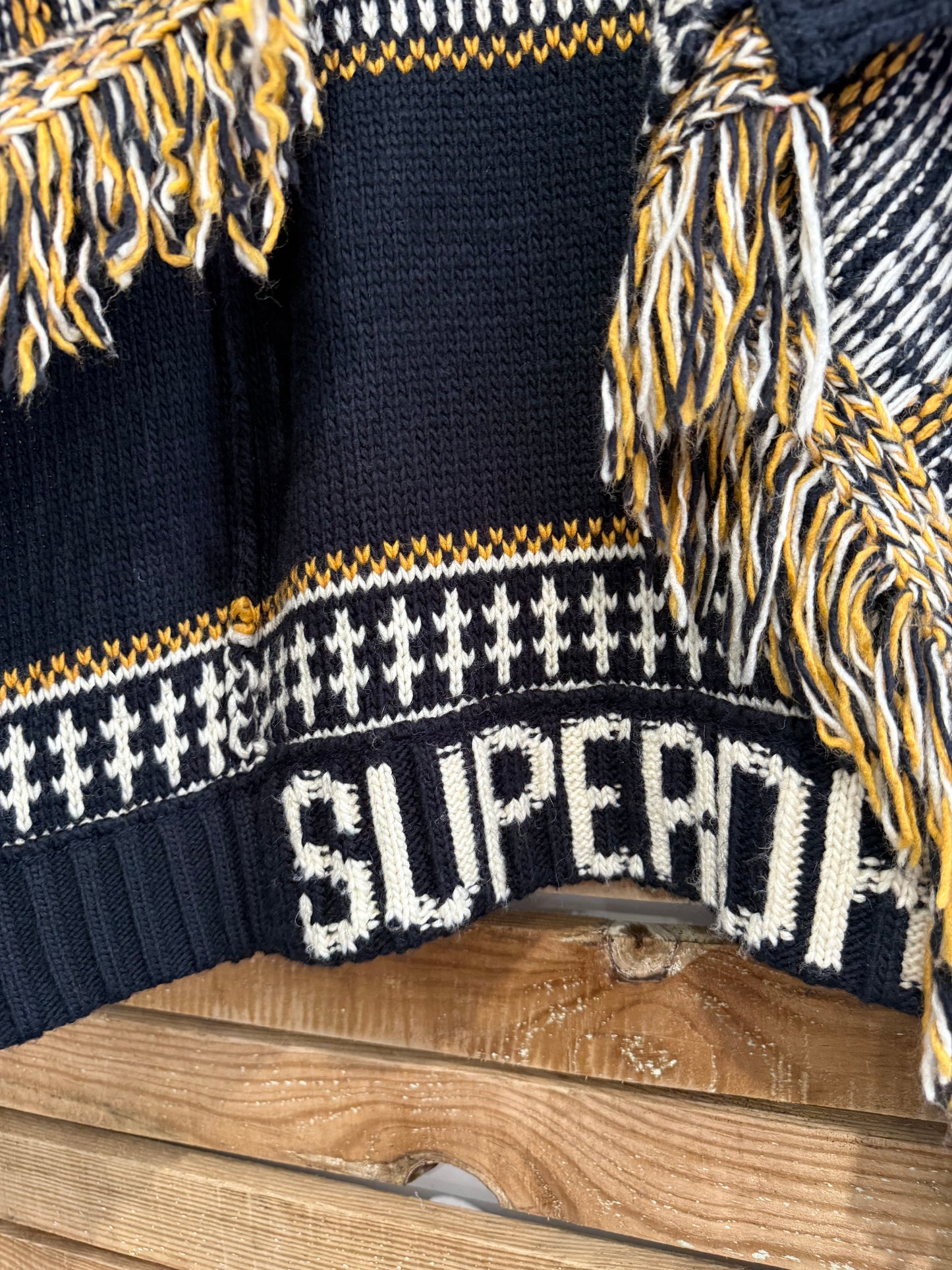 Superdry premium knit open cardigan. Tasselled. Cowboy/ Yellowstone. Size Medium.