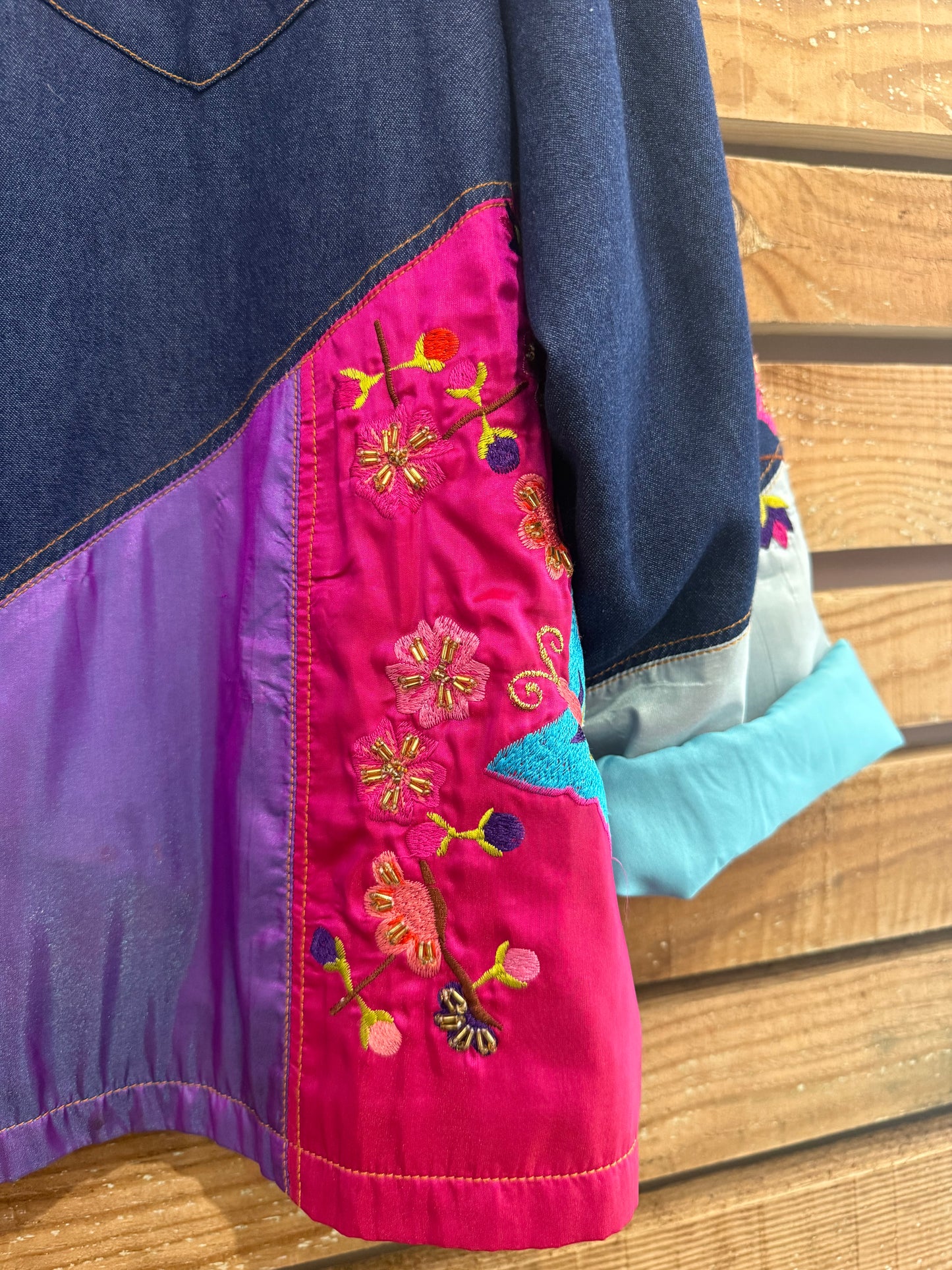 Vintage Y2K Indigo Moon patchwork embroidered denim jacket. Free sizing. 3XL.