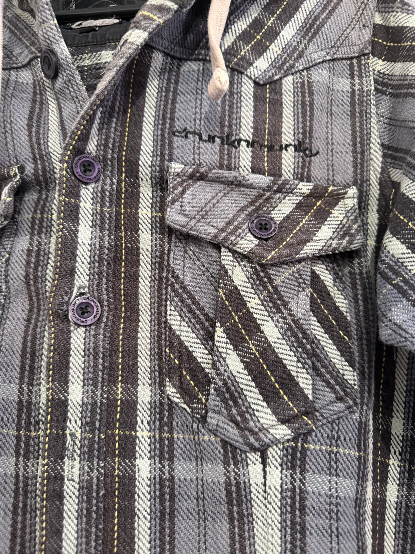 Vintage Y2K Drunknmunky checked flannel plaid button up hooded shirt. Hoodie. Size Small.
