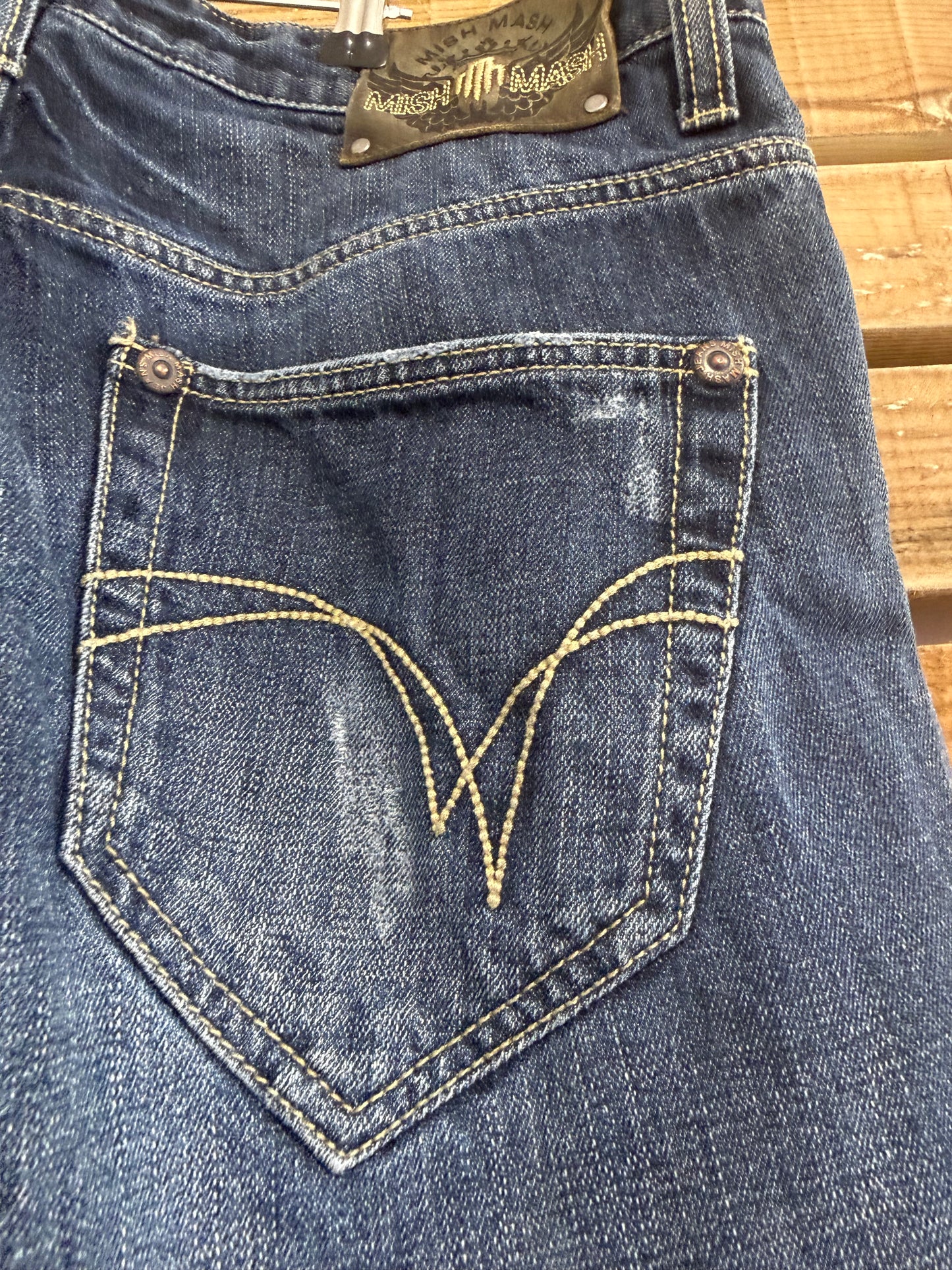 Vintage Y2K Mish Mash Dark Blue distressed stonewash jeans. Waist 33” leg 30”