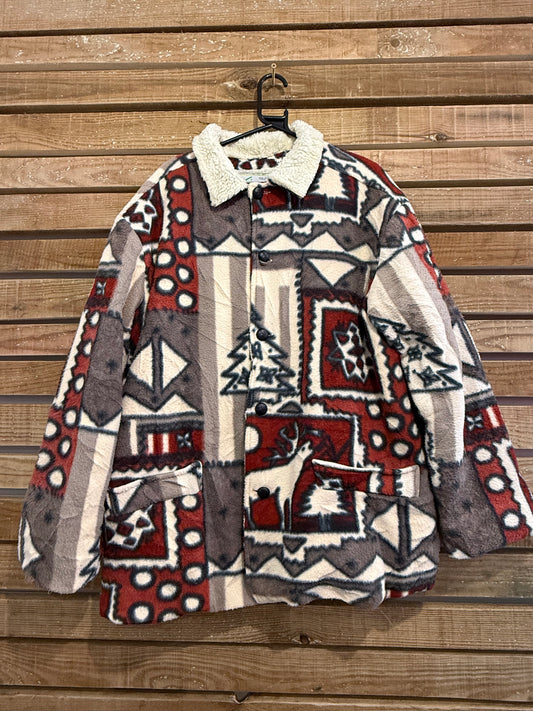 Vintage 90s Ever Paris pattern fleece Sherpa lined jacket/ coat. Size XXL.