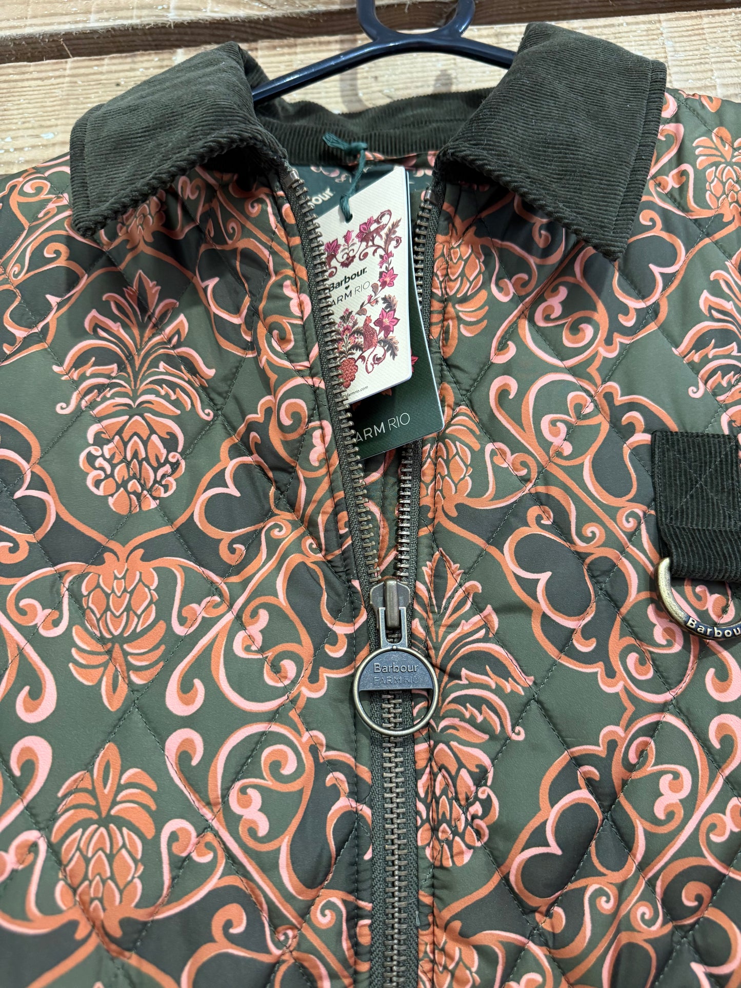 BNWT Barbour x Farm Rio Luisa Quilted Jacket. Green & Orange floral pineapple print. Size Large.