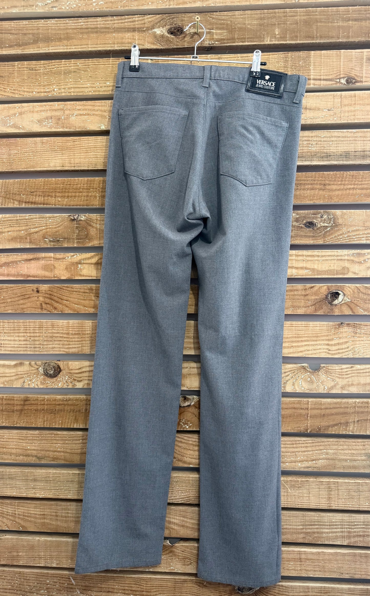 Vintage 90s Versace grey pants/ trousers. Jean style. Medusa head. 34” waist, 34”leg.