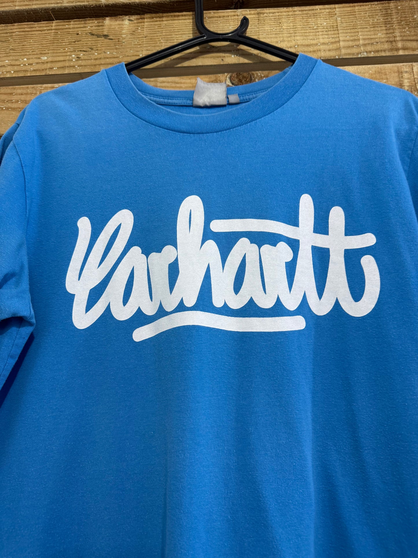 Vintage 90s Carhartt spell-out motif t-shirt. Blue. Workwear/ cowboy/ USA. Size Medium