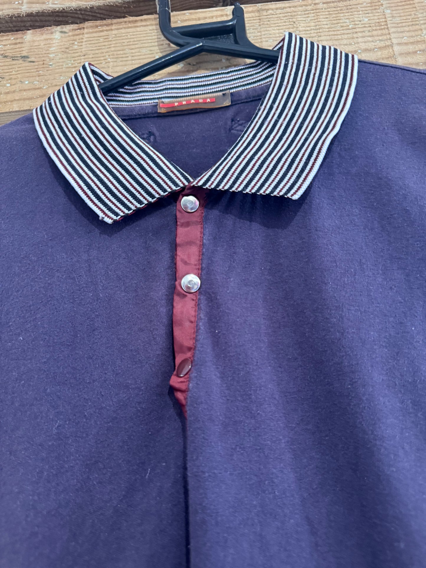 Vintage 90s Prada button up polo shirt. Blue. Red tag. Size Medium.