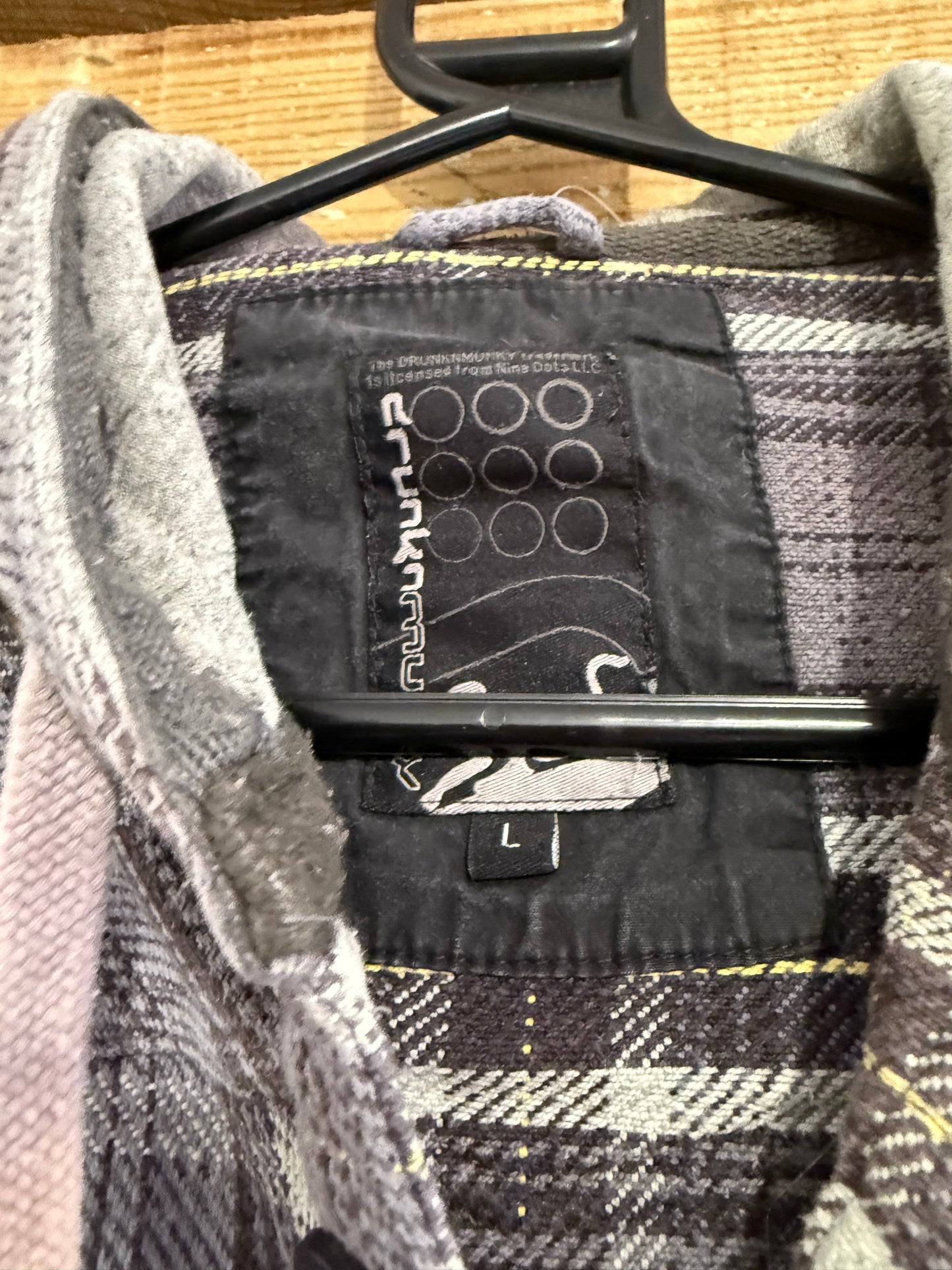 Vintage Y2K Drunknmunky checked flannel plaid button up hooded shirt. Hoodie. Size Small.