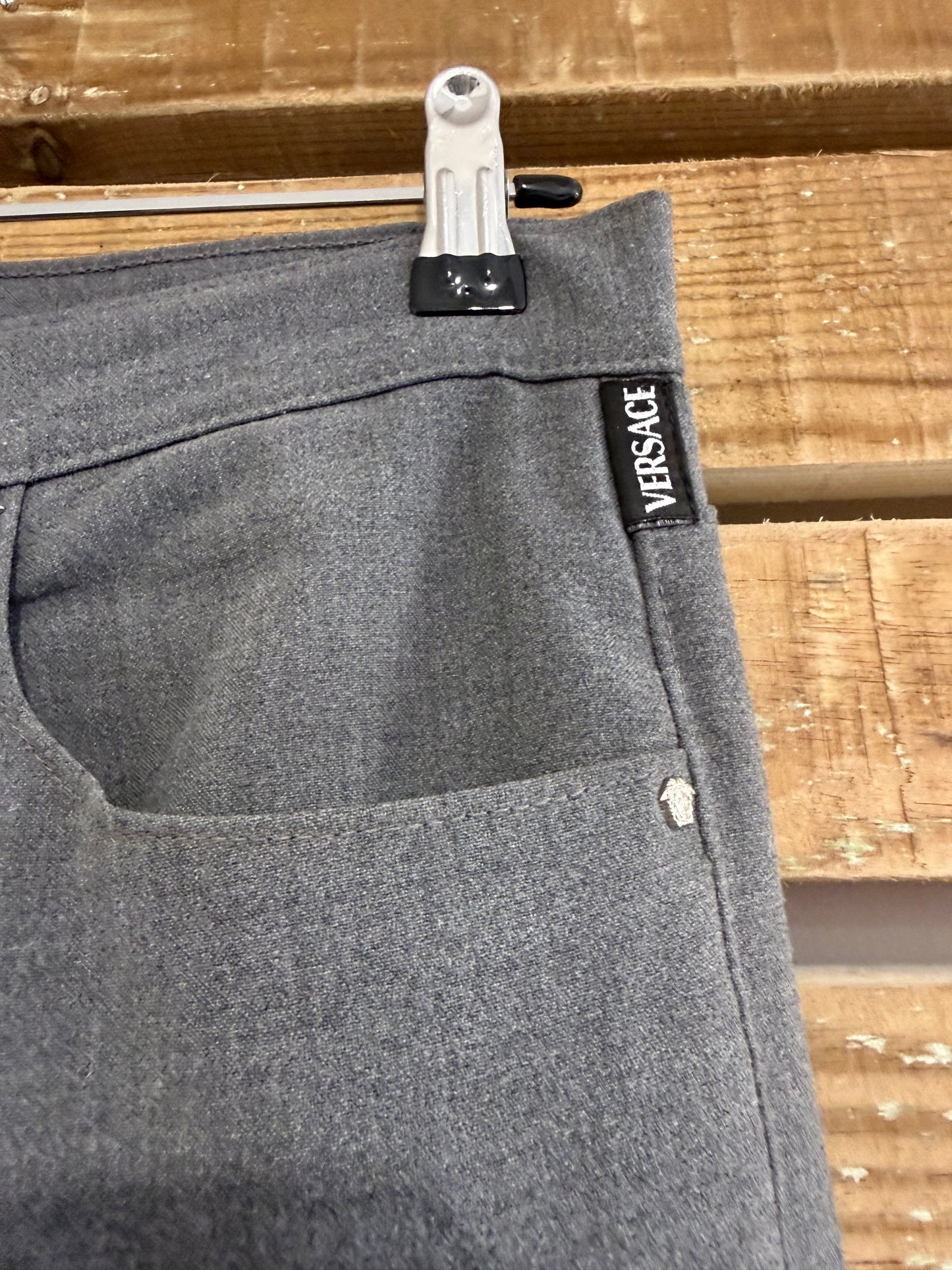Vintage 90s Versace grey pants/ trousers. Jean style. Medusa head. 34” waist, 34”leg.