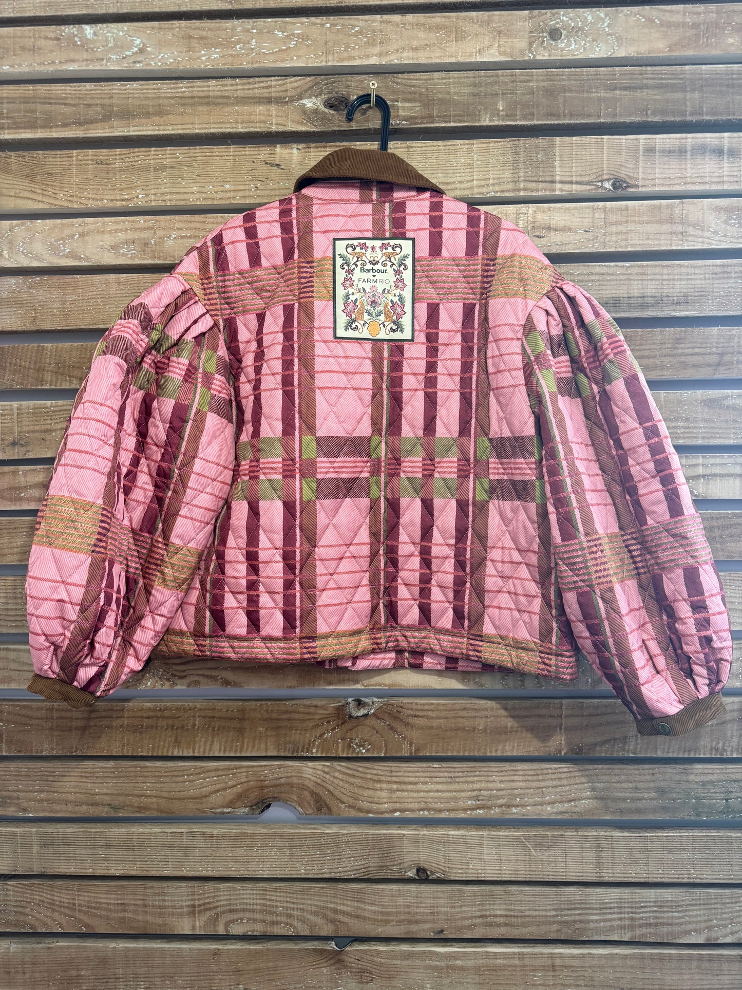 BNWT Barbour x Farm Rio Ana-Clara Quilted Jacket. Pink patchwork. Size Medium