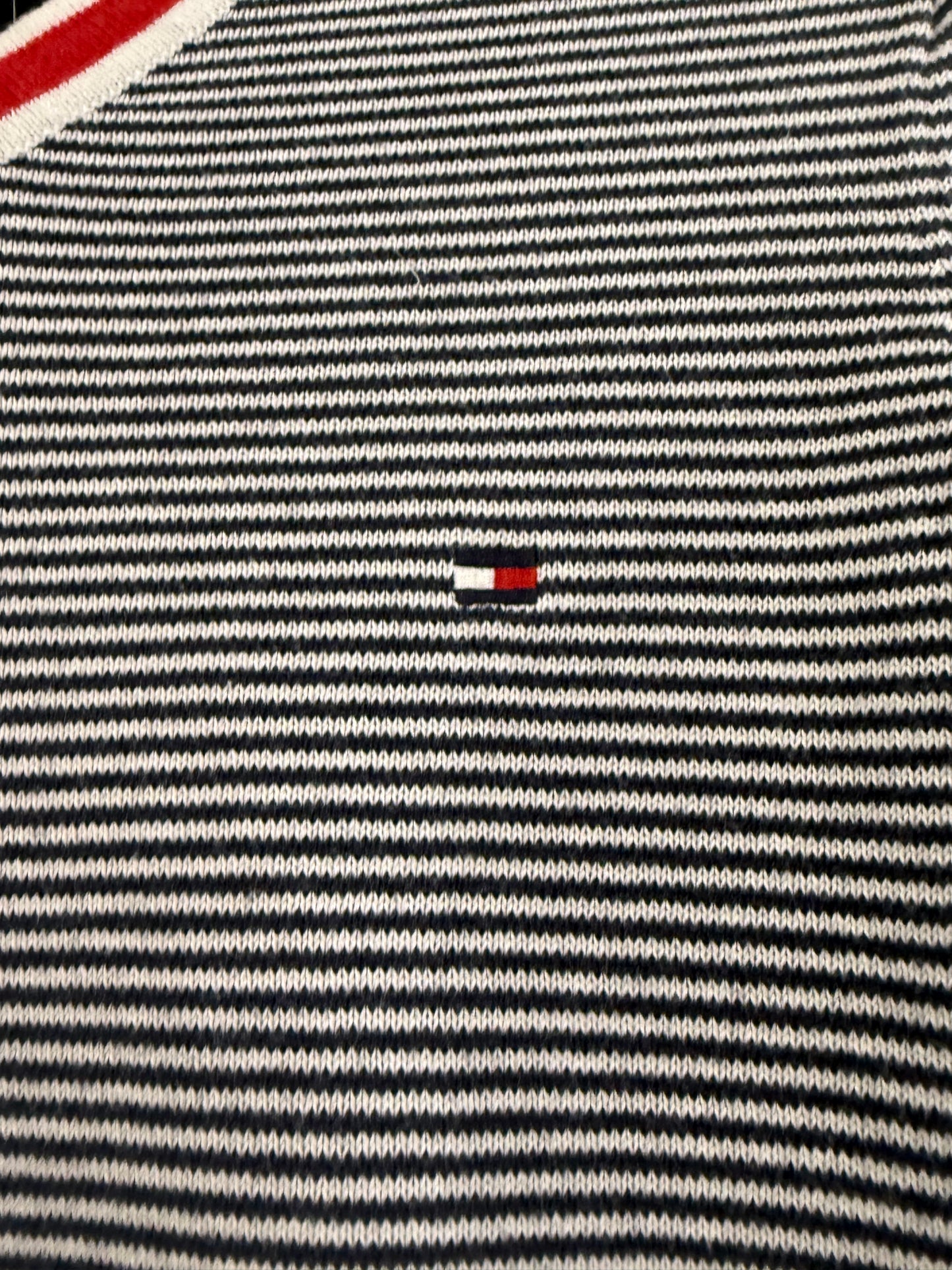 Vintage 90s Tommy Hilfiger V neck cotton jumper/ sweater. Blue and white stripe. Size 4-6.