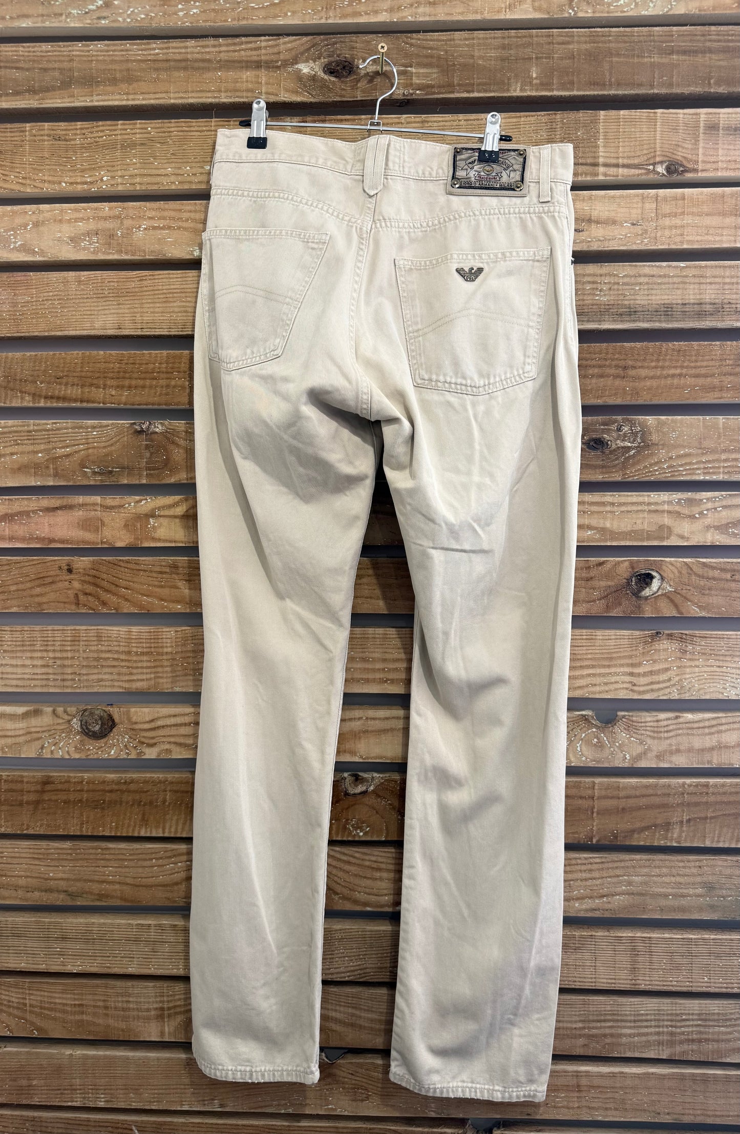 Vintage 90s Armani beige pants/ trousers. Jean style. 32” waist, 33” leg.