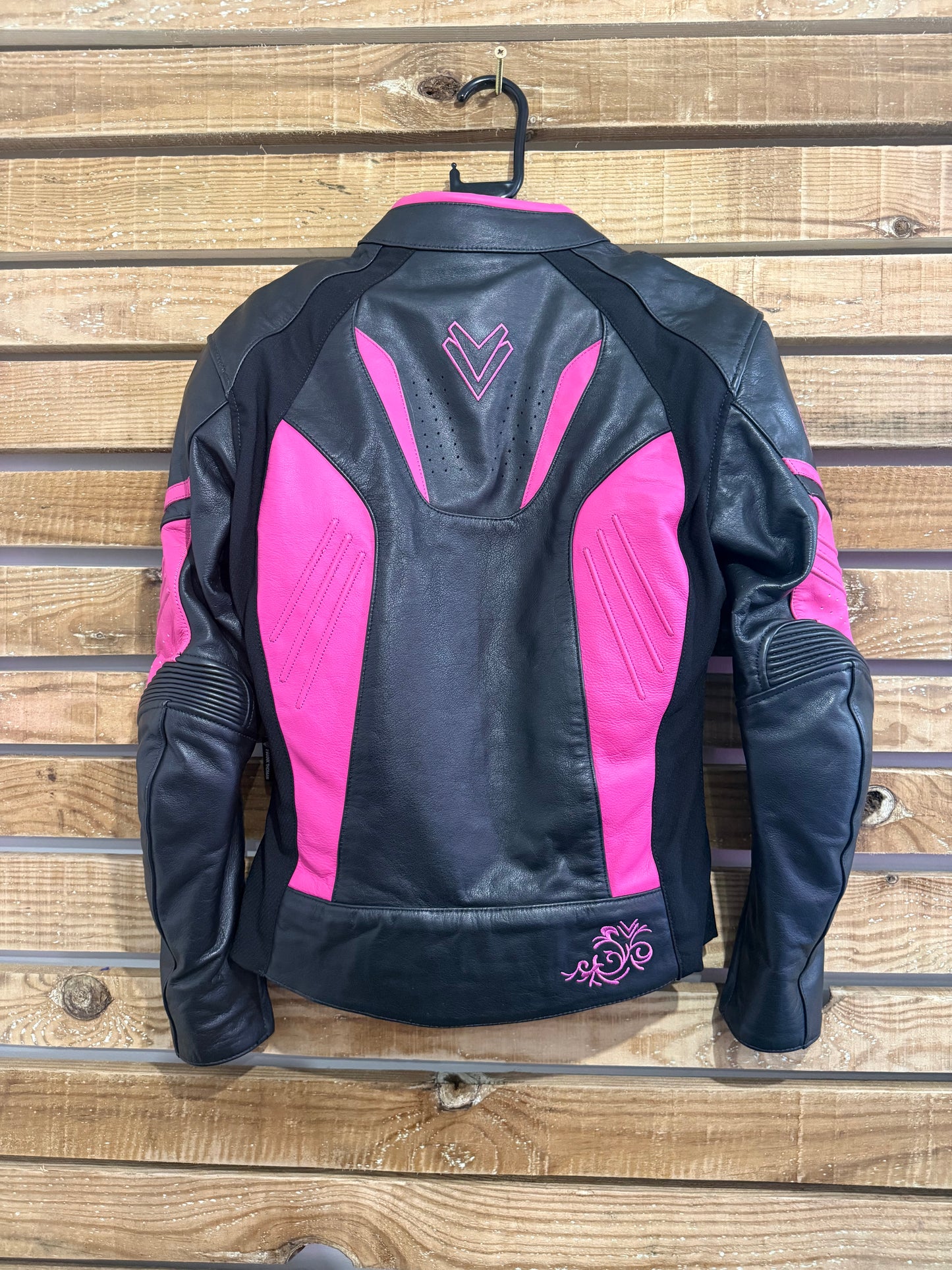 Frank Thomas leather motorcycle racing/ biker jacket. Size 10. Pink & black.