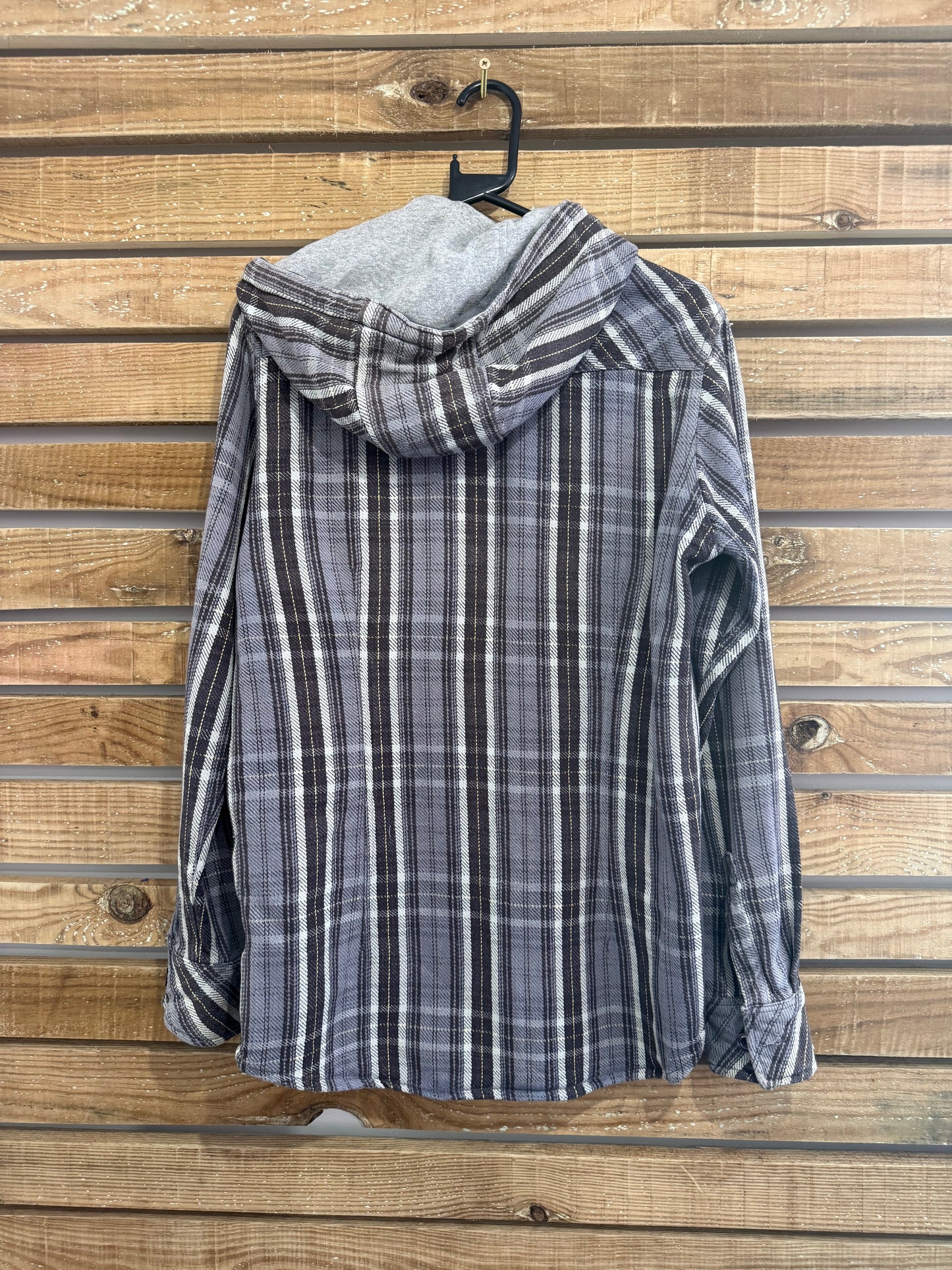 Vintage Y2K Drunknmunky checked flannel plaid button up hooded shirt. Hoodie. Size Small.