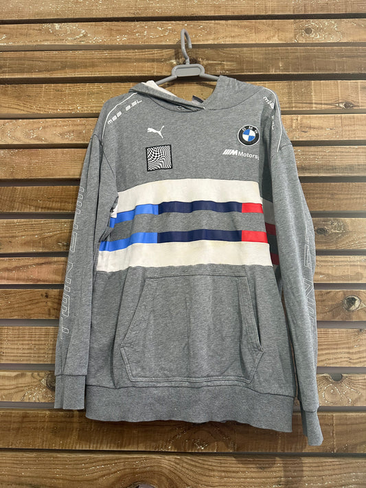 Vintage 90s BMW motorsports Spell-out hoodie. Hooded sweater. Grey. Size Medium