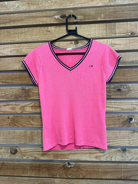 Vintage 90s Tommy Hilfiger V Neck/ Short Sleeved cotton jumper/ sweater. Pink. Size XL.