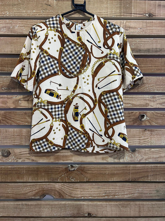 Vintage 80s Aquascutum equestrian printed short sleeved top. Size UK14